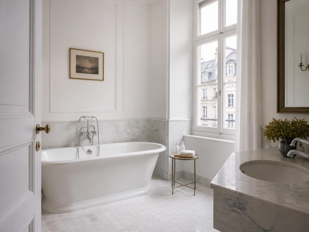 Salle de bain classique avec marbre blanc, baignoire îlot et robinetterie chromée traditionnelle