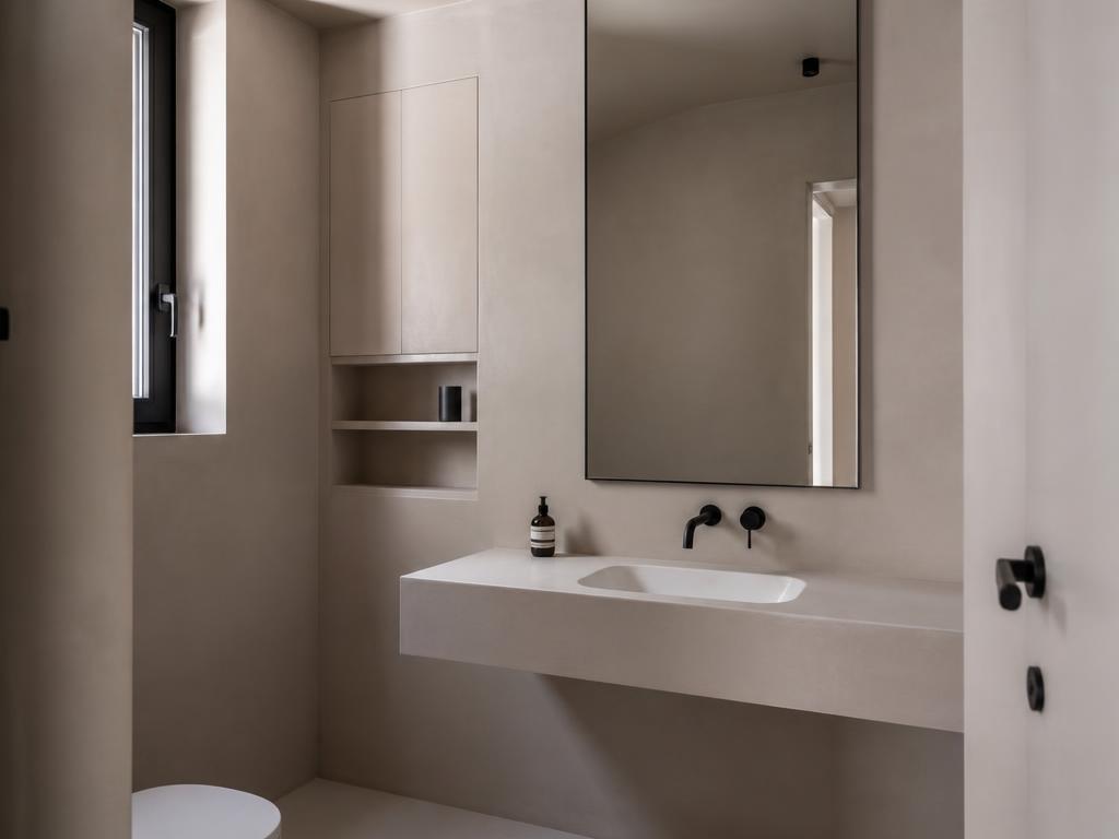 Salle de bain minimaliste aux murs en béton ciré clair et vasque suspendue épurée