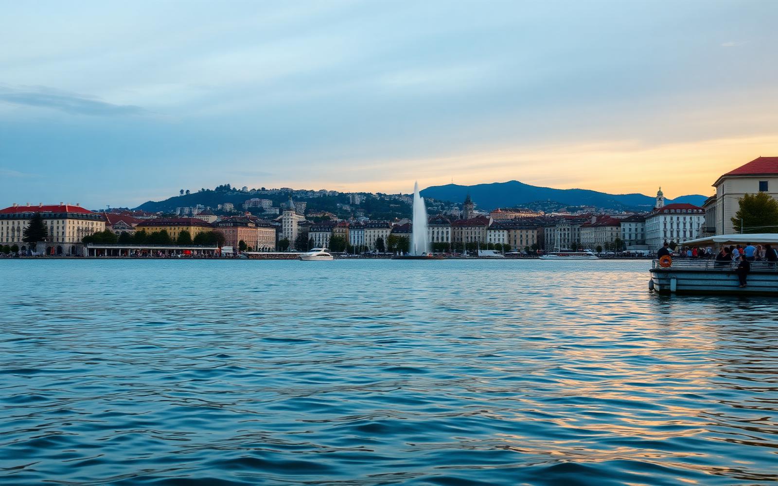 La rade de Genève au coucher du soleil, avec le Jet d'eau et les toits de la vieille ville